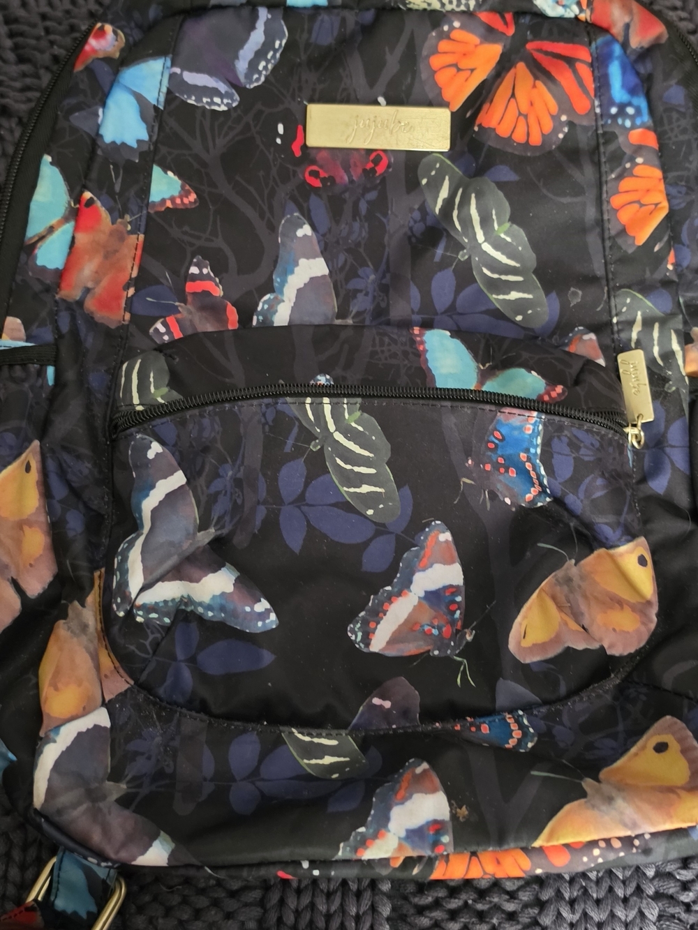 Jujube Black Butterfly Print Diaper Bag Backpack with Gold Plate